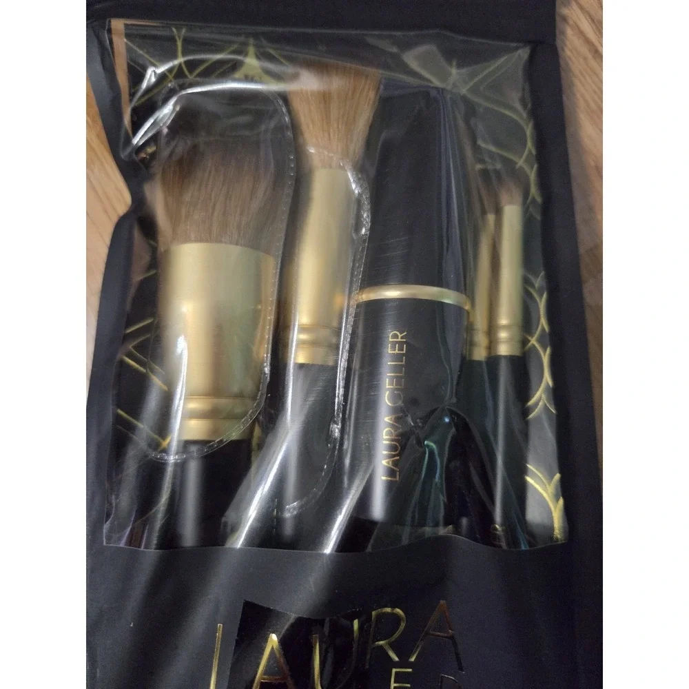 Laura Geller 5 PC Full Face Brush Set Kabuki Blush Eyeshadow Angled Gold